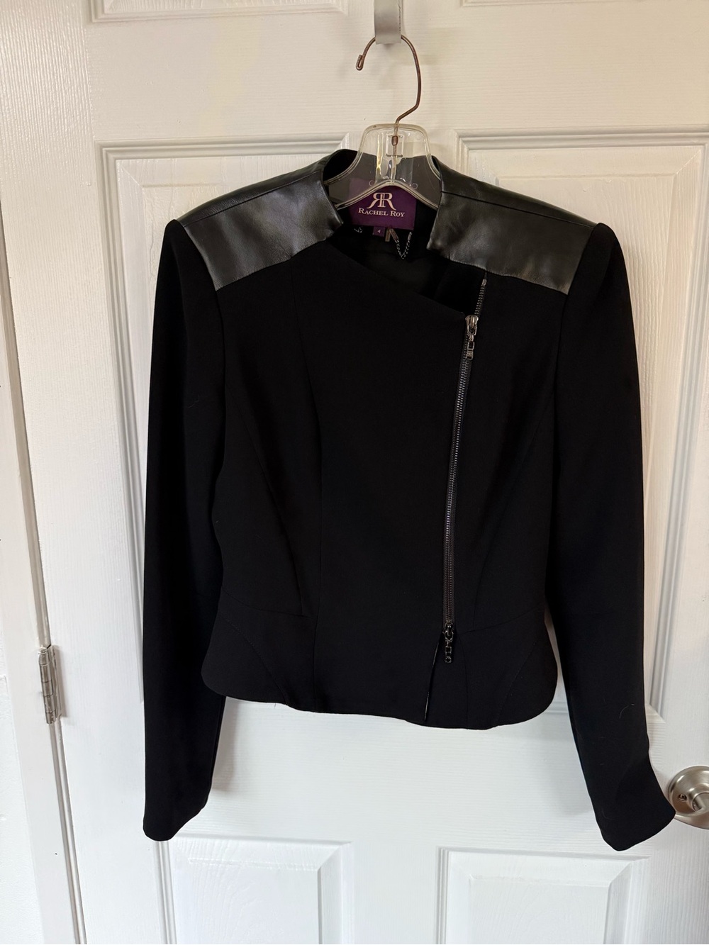 RACHEL Rachel Roy Black Asymmetrical Zip Ponte Jacket with Leather Shoulders